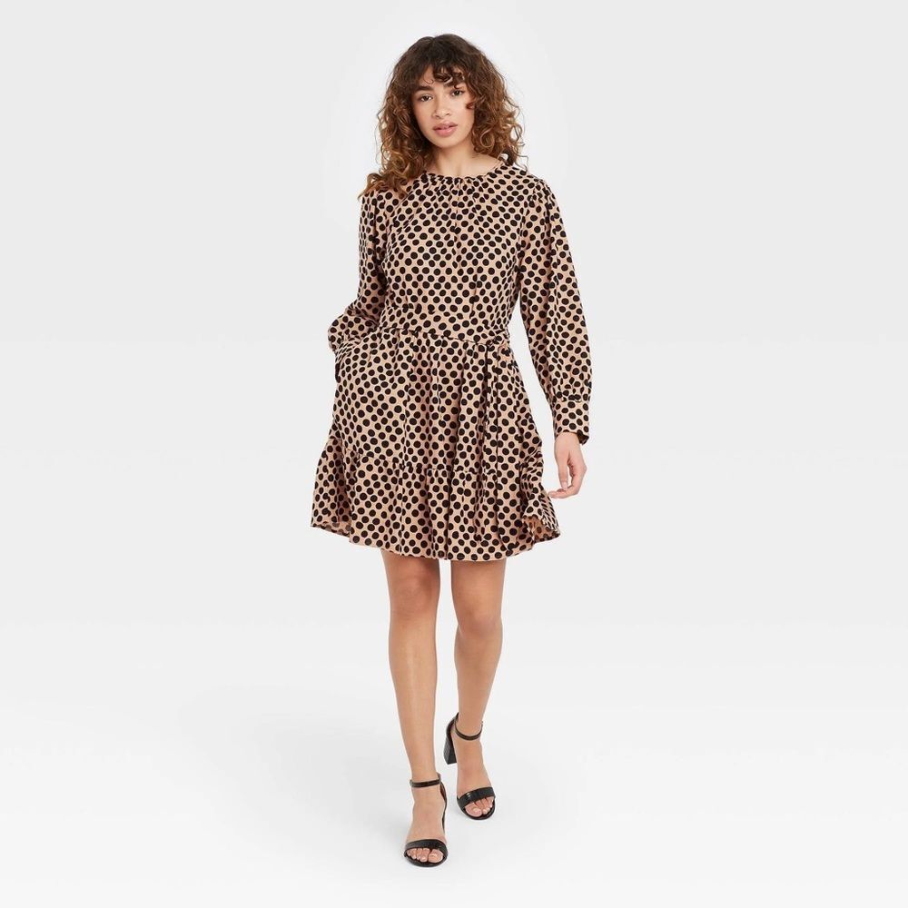 Who What Wear Linen Blend Polka Dot Puff Sleeve Dress